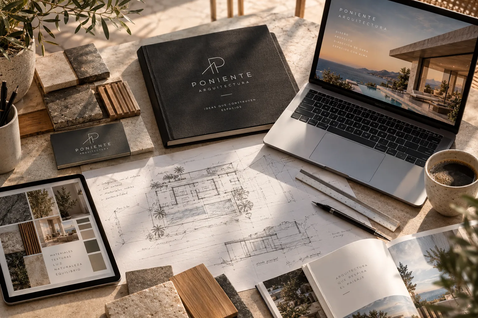 Drawings, material samples and a laptop on a stone table